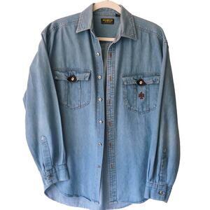 OshKosh B'Gosh M Denim Shirt Shacket Cotton Leather Pocket Detail Eagle Worn In